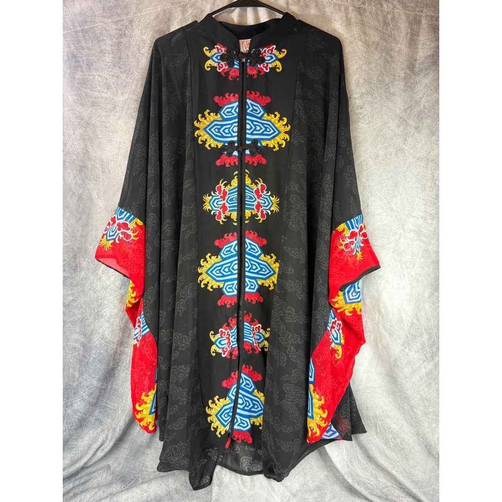 Very Vollbracht Womens Black Asian Print Frog Closure Kimono Cape Eclectic Boho